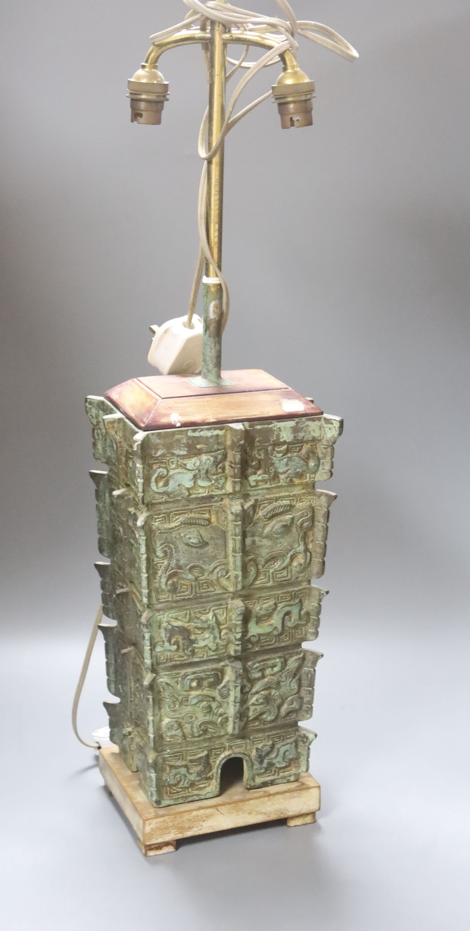 A Chinese archaistic cast vase, now as a lamp and a Chinese ceramic table lamp, tallest 38cm